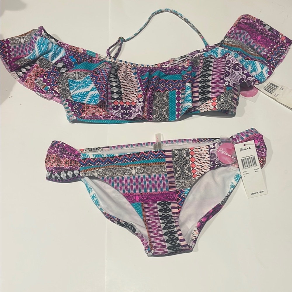 Raisins NWT bikini boho Aztec Multi print large off shoulder ruffle large